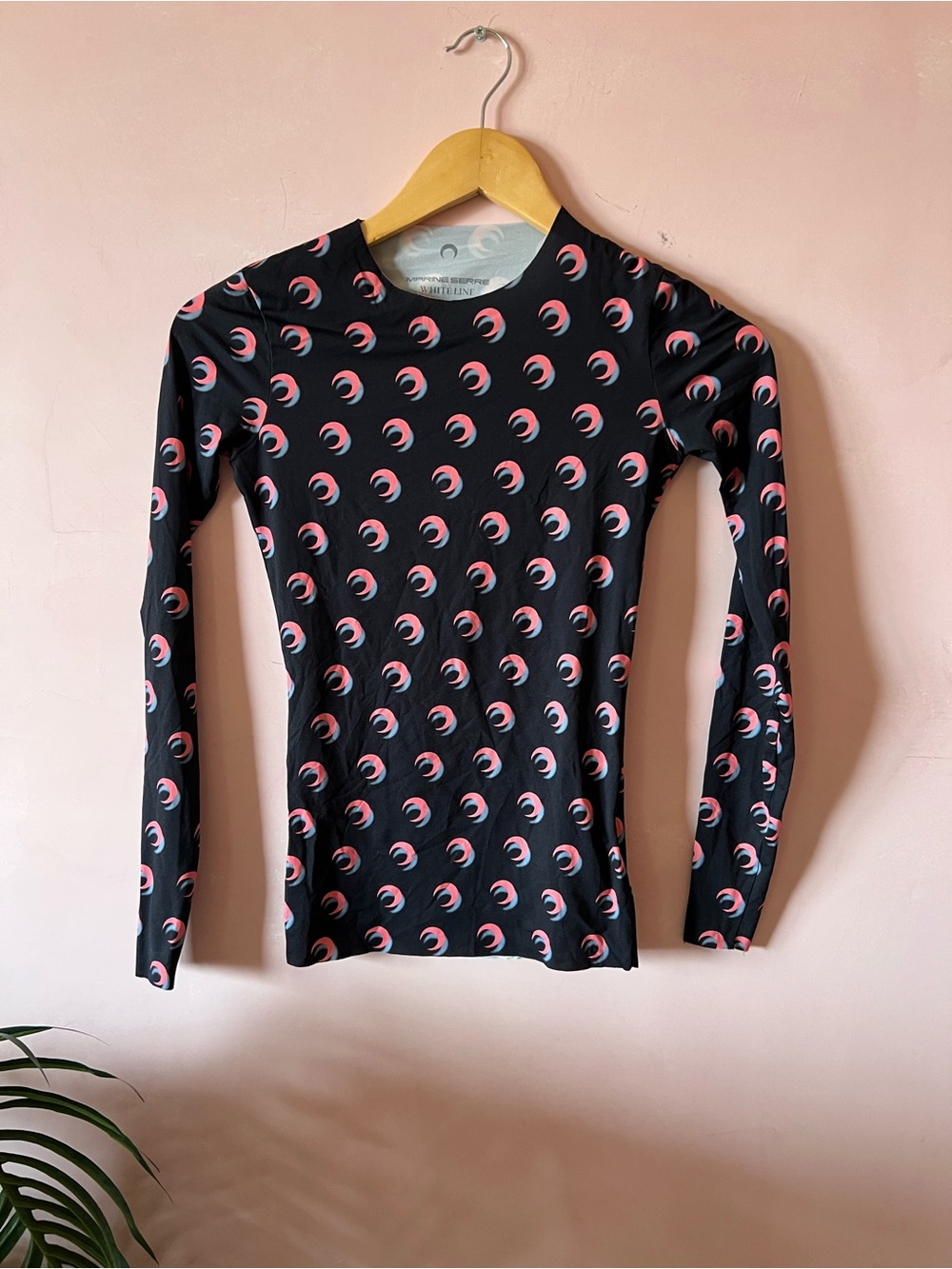 Marine Serre Black Long Sleeve Top with Pink Crescent Motif